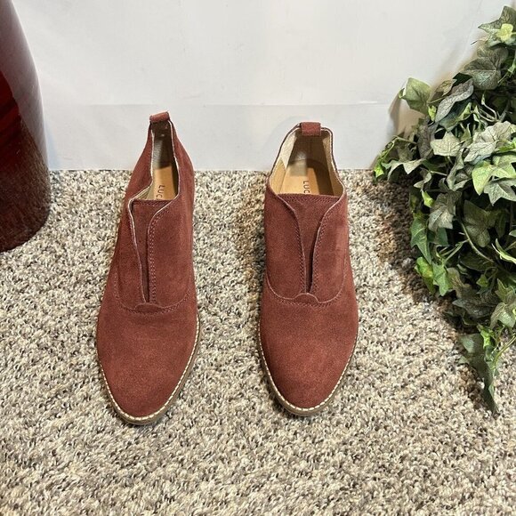 Lucky Brand Fimberly Slip On Ankle Boots Booties Maroon Red Suede Womens Size 8 - Picture 2 of 7